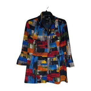 Ali Miles Artsy Abstract Swing Jacket Multicolor Pleated Hem Wired Collar Size L